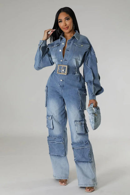 Jumpsuits Women Overalls Denim Spliced Long Sleeve Ruffles Rompers Pockets Streetwear Solid Jumpsuit Straight Pants Jeans Y2k
