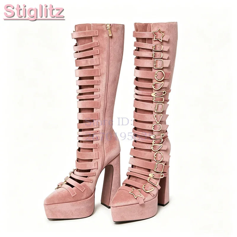 Blue Velvet Irregular Buckle Knee-high Boots Pointed  Toe Side Zipper Chunky High Heels Boots 2026 Summer New Women Punk Shoes