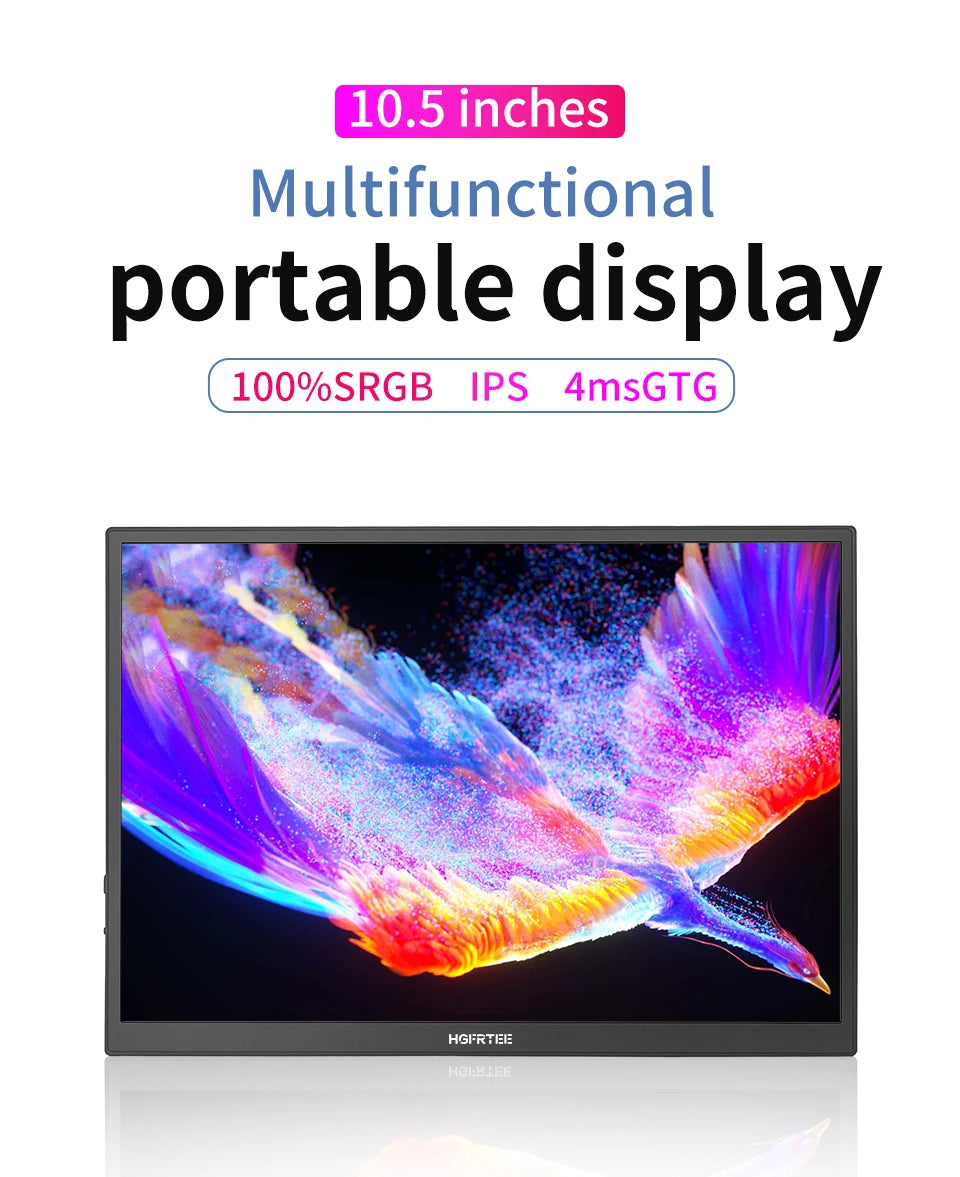 HGFRTEE 10.5 inch Portable Monitor 420Cd/m ² FHD 1280P 100% SRGB Laptop Second Screen For Mac Xbox PS4/5 Switch