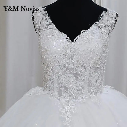 Y&M Vestido De Noiva Buttom V Neck Sleeveless Wedding Dresses For Women Ivory white Lace Romantic Bride Bridal Gown Customized