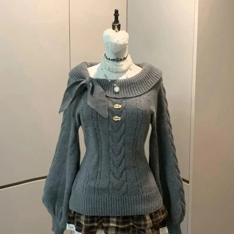 Sweet Daily Streetwear Japanese Women Slim Fit Off Shoulder Knit Jumper Soft Long Sleeve Fashion Pullover Sweater