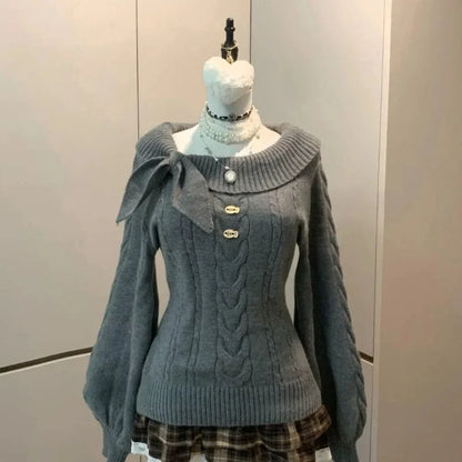 Sweet Daily Streetwear Japanese Women Slim Fit Off Shoulder Knit Jumper Soft Long Sleeve Fashion Pullover Sweater