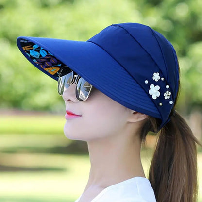 Women Summer Empty Top Sun Protection Cap Large Brim Anti-UV Ponytail Hat For Women Outdoor Travel Beach Visor Fisherman Hats