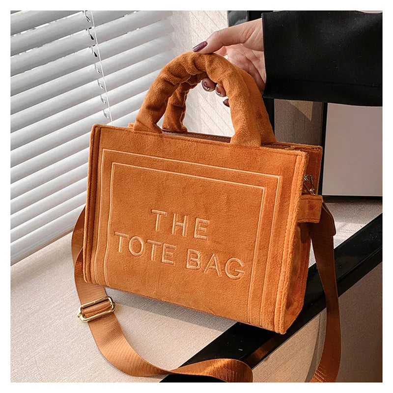 Women's Khaki Velour Tote Bag Original Letter Print Medium Ladies Shopper Handbag Female Square Medium Shoulder Bags