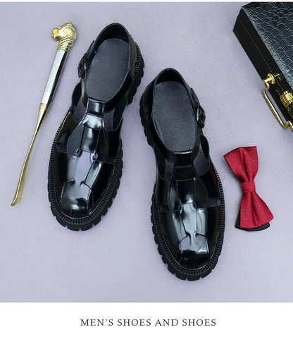 4.5Cm Thick Sole Heightening Sandals Men's Glossy Cowhide Buckle Business Casual British Genuine Leather Summer Sandals for Men