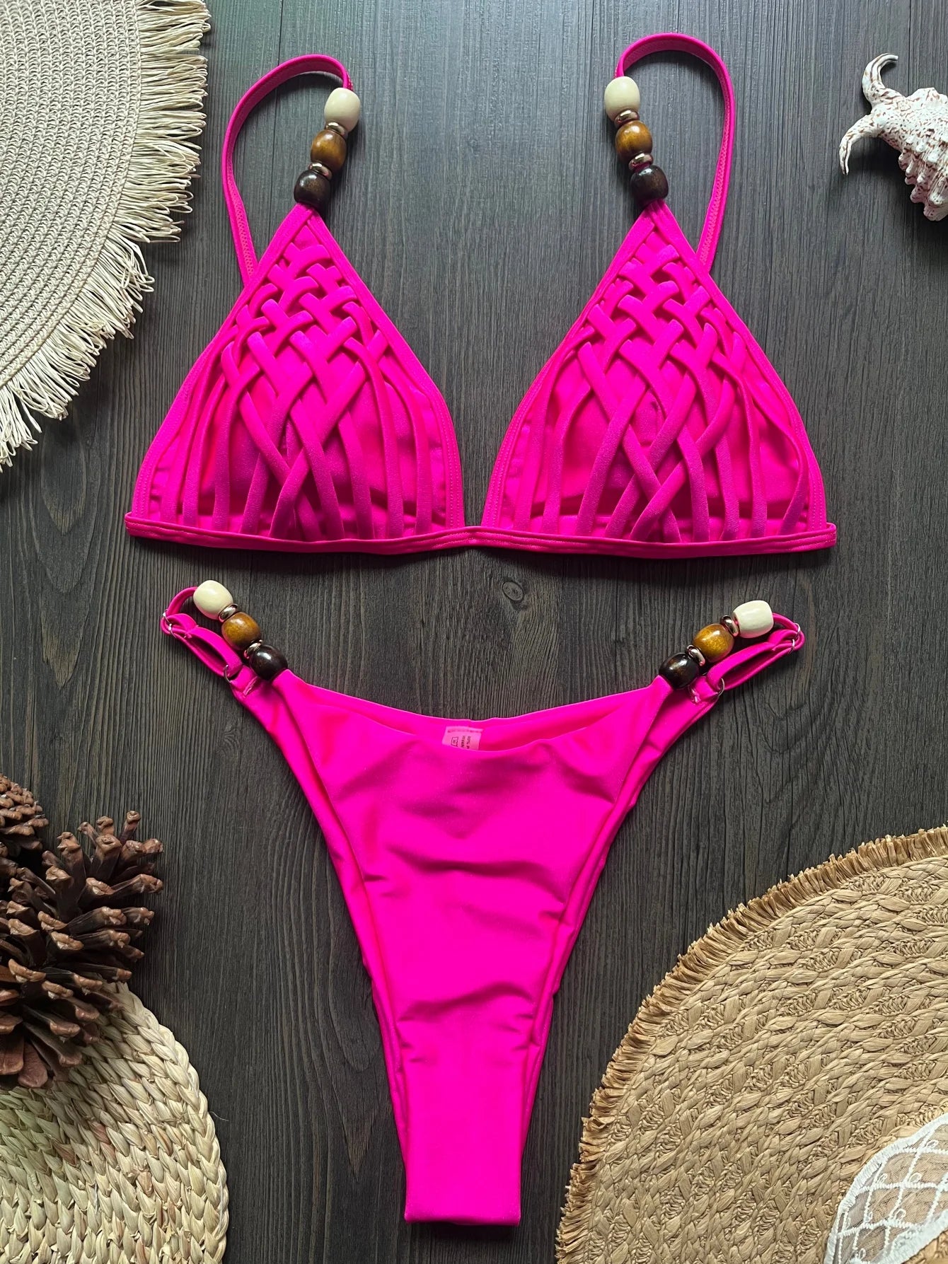 Sexy Brown Bikini Set 2026 Women Pearls Strap Hole Out Push Up Bra Thong Swimsuit Brazilian Beach Bathing Suit Micro Swimwear