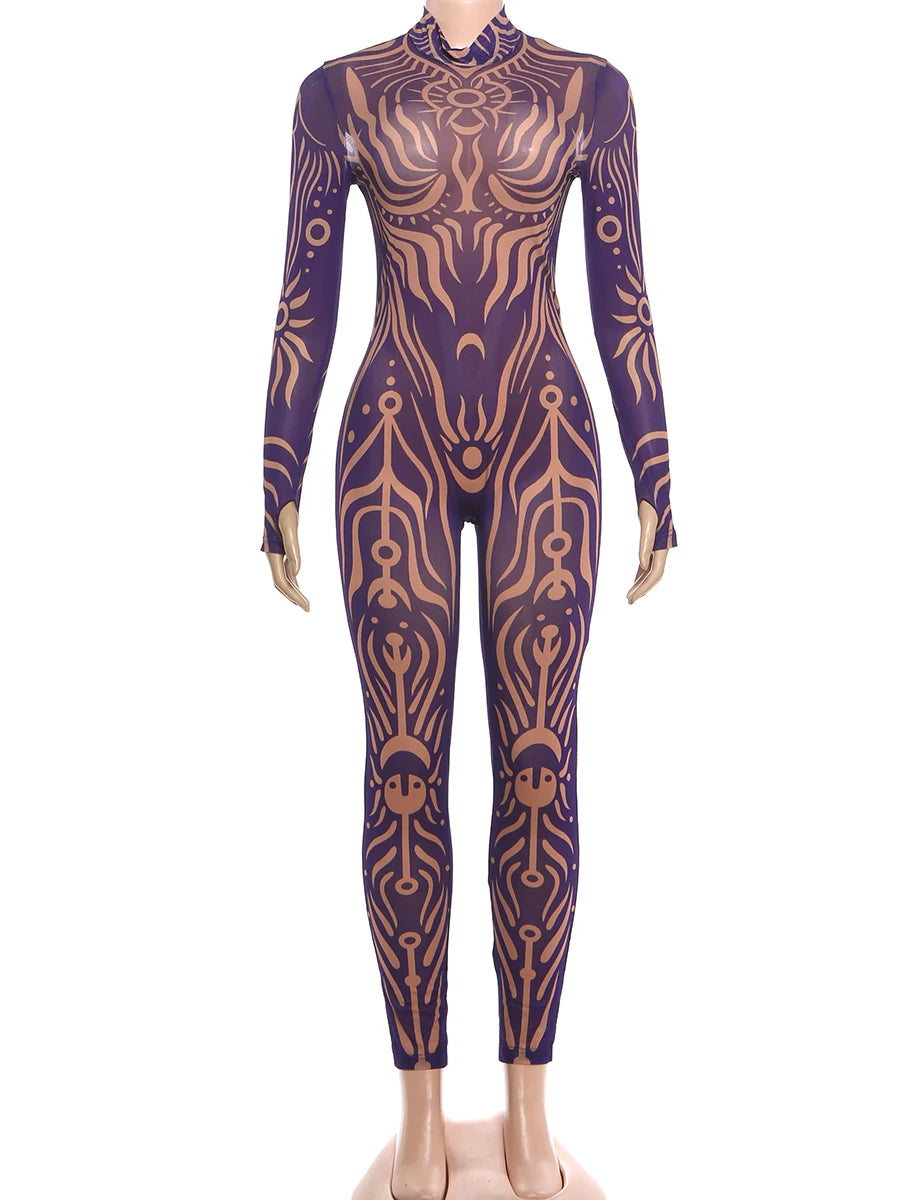 Sisterlinda Sexy Fashion Print Jumpsuits Woman Turtleneck Full Sleeve See Through Skinny Peach Hip Street Wild Style Overalls