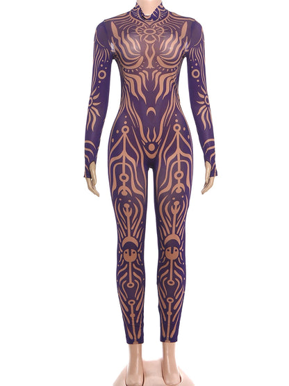 Sisterlinda Sexy Fashion Print Jumpsuits Woman Turtleneck Full Sleeve See Through Skinny Peach Hip Street Wild Style Overalls