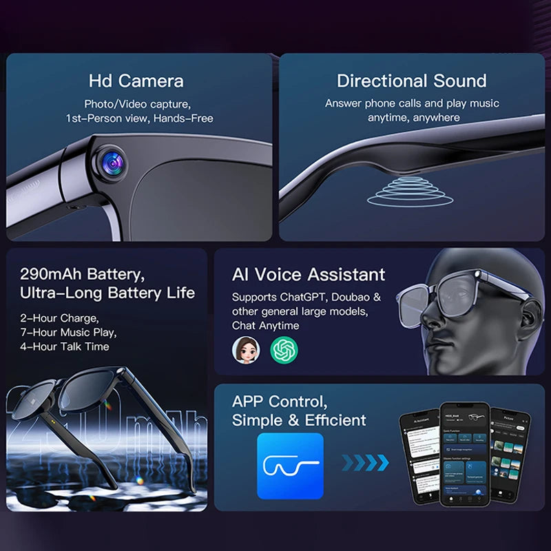 Smart Glasses IP65 Waterproof Connect To Mobile APP Video and Photo Translation AI Language Assistant Bluetooth Smart Glasses