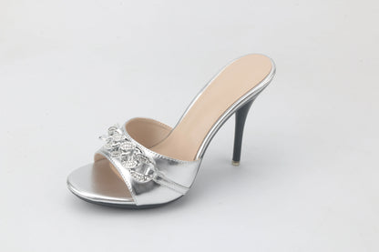 Female Summer High Heels Sexy Open Toes Slippers Luxury Rhinestone Party Dress Shoes Black Slides Sandals Women Mules Plus Size