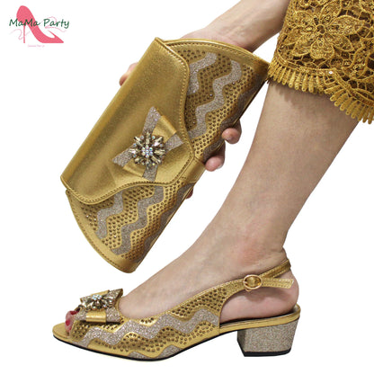 Golden Elegant Ladies Shoes Matching Bag Set Slingbacks Peep Toe Low Heels Fashion New Design Italian for Wedding