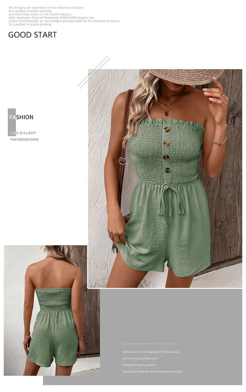 Summer Leisure Vacation, European and American Solid Color High Waist Design, Strapless Jumpsuit Shorts