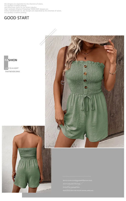 Summer Leisure Vacation, European and American Solid Color High Waist Design, Strapless Jumpsuit Shorts