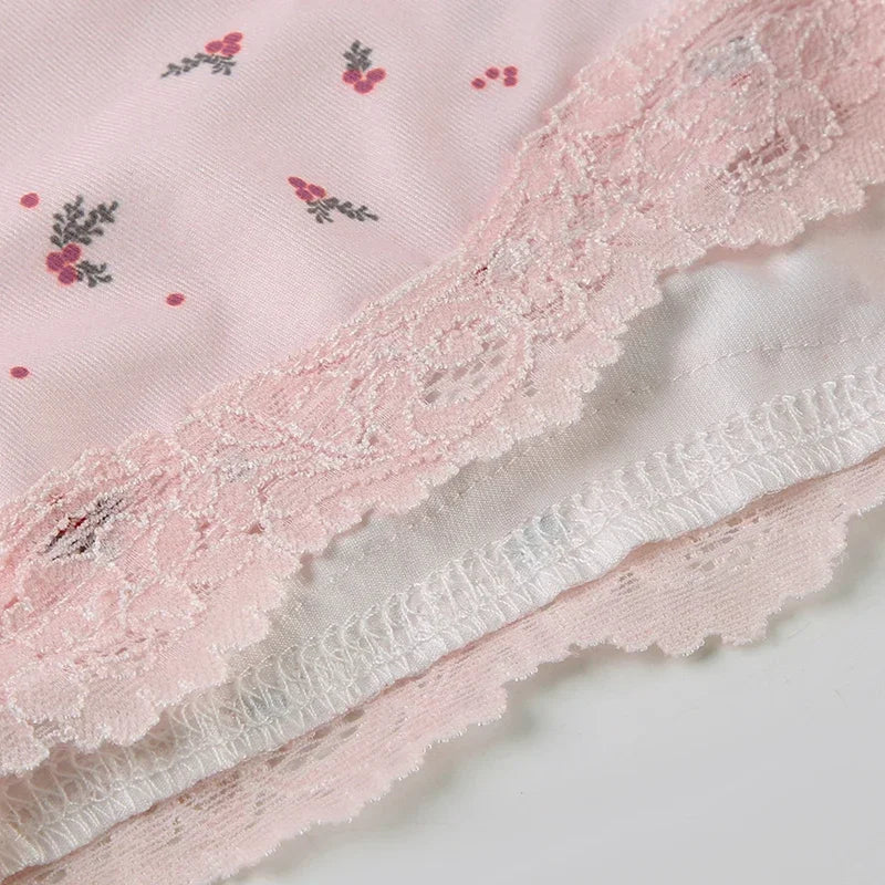 Summer Two-piece Pajamas Set for Women Sleepwear  Floral Lace Pink Sleeveless Camisoles and Slim Shorts Loungewear