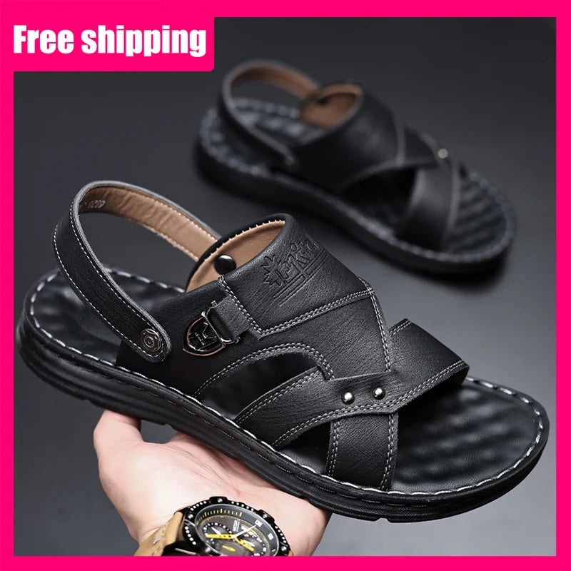 Mens Slippers 2026 New Summer Breathable Outdoor Non Slip Thick-soled Beach Shoes Leather Comfortable Casual Driving Sandals Man