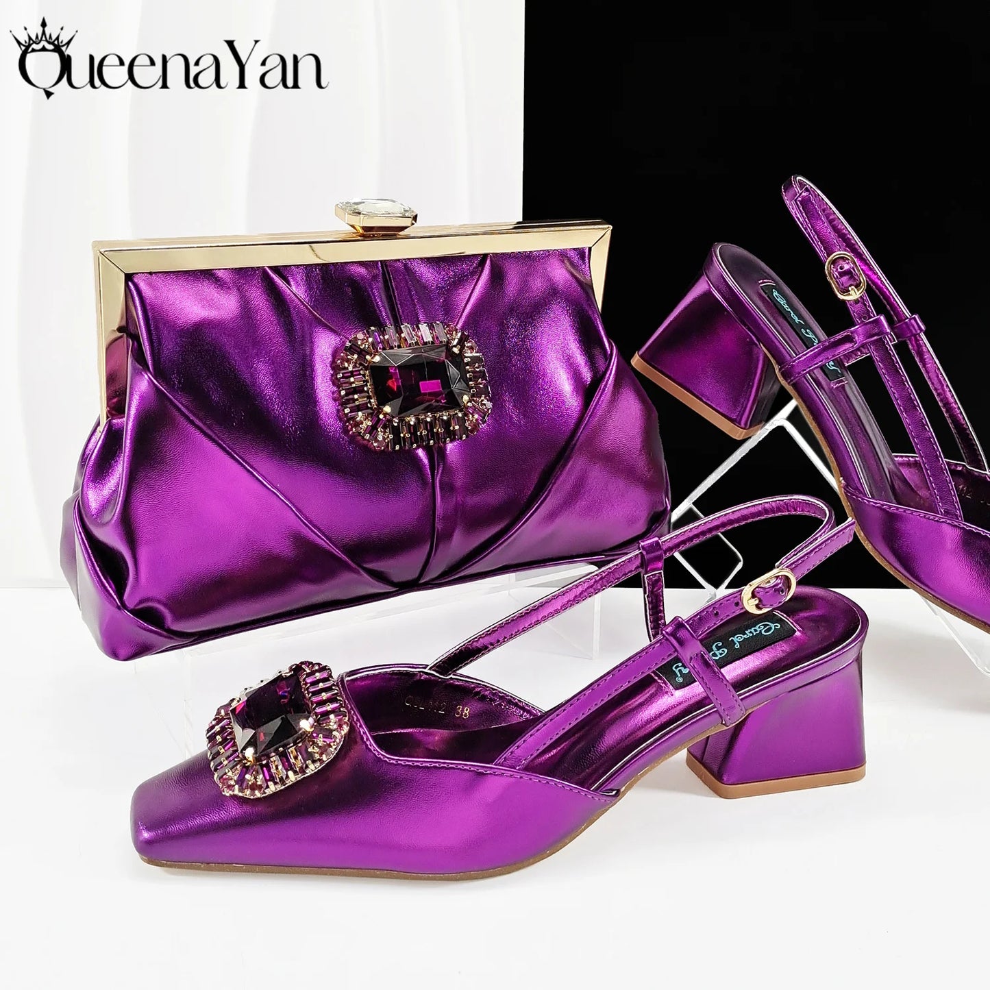 Queena Yan 2025 Nigerian Banquet Shoes and Bag Set Fashion Ladies Matching Shoes and Bag High Heels Wedding Party Coffee Color
