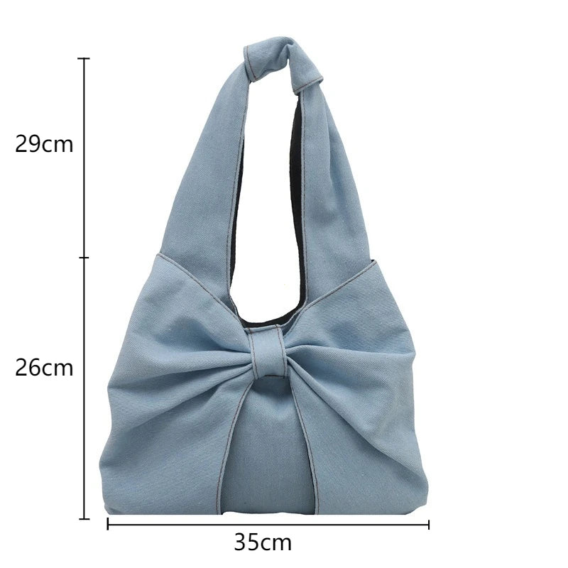 Sweet Bowknot Design Women's Denim Shoulder Bags Commuter Thread Ladies Handbags Casual Lightweight Female Underarm Tote Bag