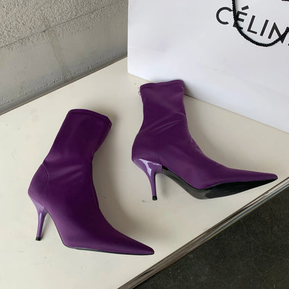 2026 New Spring Autumn Stretch Fabric Women Ankle Boots Sexy Pointed Toe High Heels Fashion Female Socks Pumps Shoes
