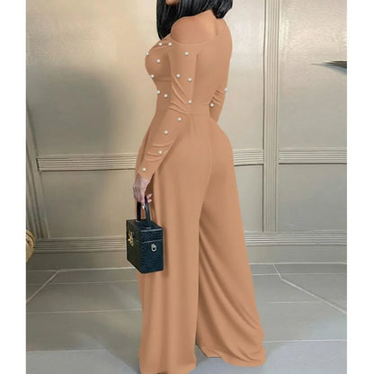 Fashion Beaded Slant-neck Women Jumpsuit Spring Autumn New Cinched Waist Wide Leg Long Pants Elegant Female Office Rompers 2026