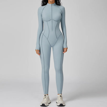 Sexy Rompers Workout Zipper Jumpsuit Long Sleeves Sports Bodysuits Women Gym Running Fitness Suits Gym Tracksuit Sportswear
