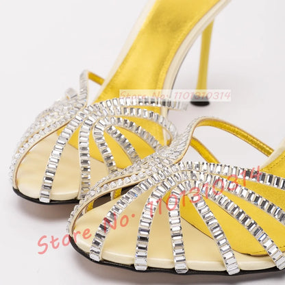 Gemstone High Heel Silk Slippers Women Luxury Caged Stiletto Heels Metallic Slippers Ladies Stylish Cross Strap Summer Shoes