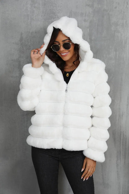 2026 Winter Hooded Plus Size Faux Fur Cropped Coat Women Furry Long Sleeve Plush Jacket Lady Large Fake Fur Warm Fluffy Cardigan