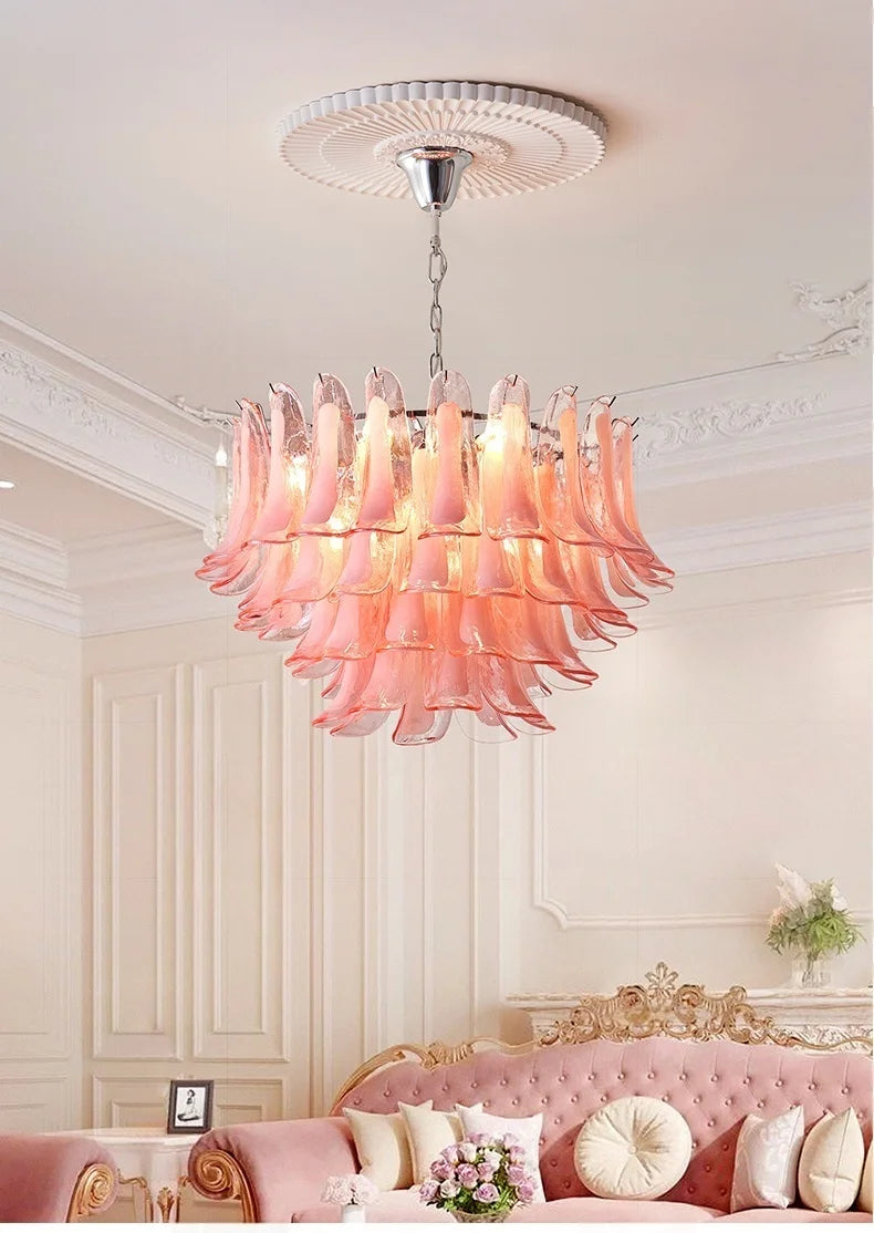 French Murano Petal Glass Chandelier Dining Table Living Room Antique Style Pink Petal Glass Pendant Chandelier Lights Bedroom