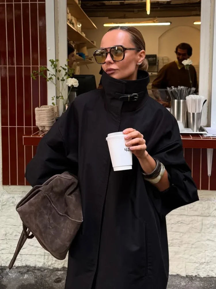 Black Stand Collar Trench Coat Women Casual Long Sleeve Single-breasted Loose Windbreaker 2026 Lady Autumn High Street Outwear