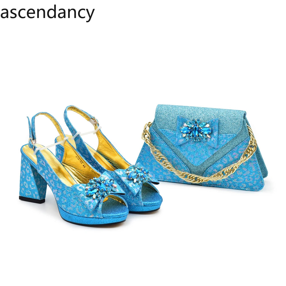 New Fashion Luxury Shoe and Bag Set for Party in Women Women Nigerian Italian Shoes and Bags Set Decorated with Rhinestone