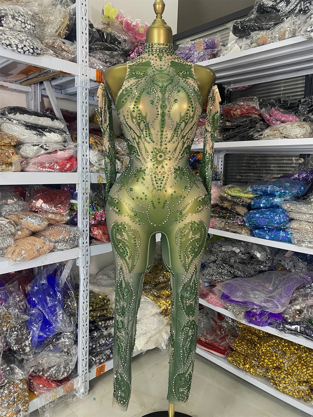 Sparkly Rhinestones Printed Mesh Bodycon Green Jumpsuits With Sleeves See Through Masquerade Costume Dress Night Club DJ Gogo