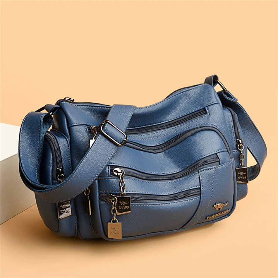 Many Pockets Women Leather Top-handle Bag Luxury Designer Female Shoulder Messenger Shopper Bags Brand Ladies Crossbody Handbags