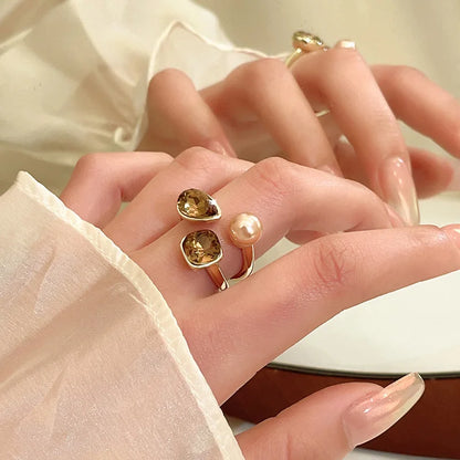 Vintage Brown Crystal Elliptical Open Rings For Women Luxury Rhinestone Contrasting Geometric Adjustable Finger Ring Jewelry