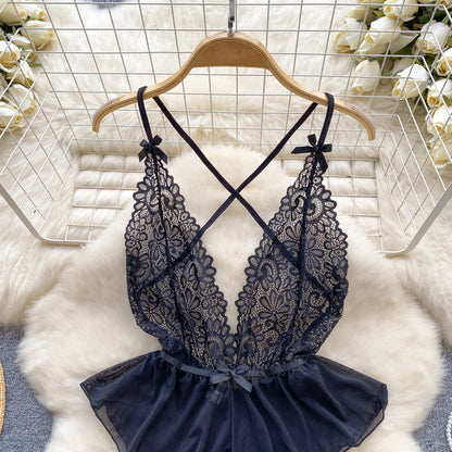 Women Floral Lace Mesh Strappy Bodysuit Fashion Hollow Sexy Comfortable Catsuit One Piece Tights Transparent Onesie