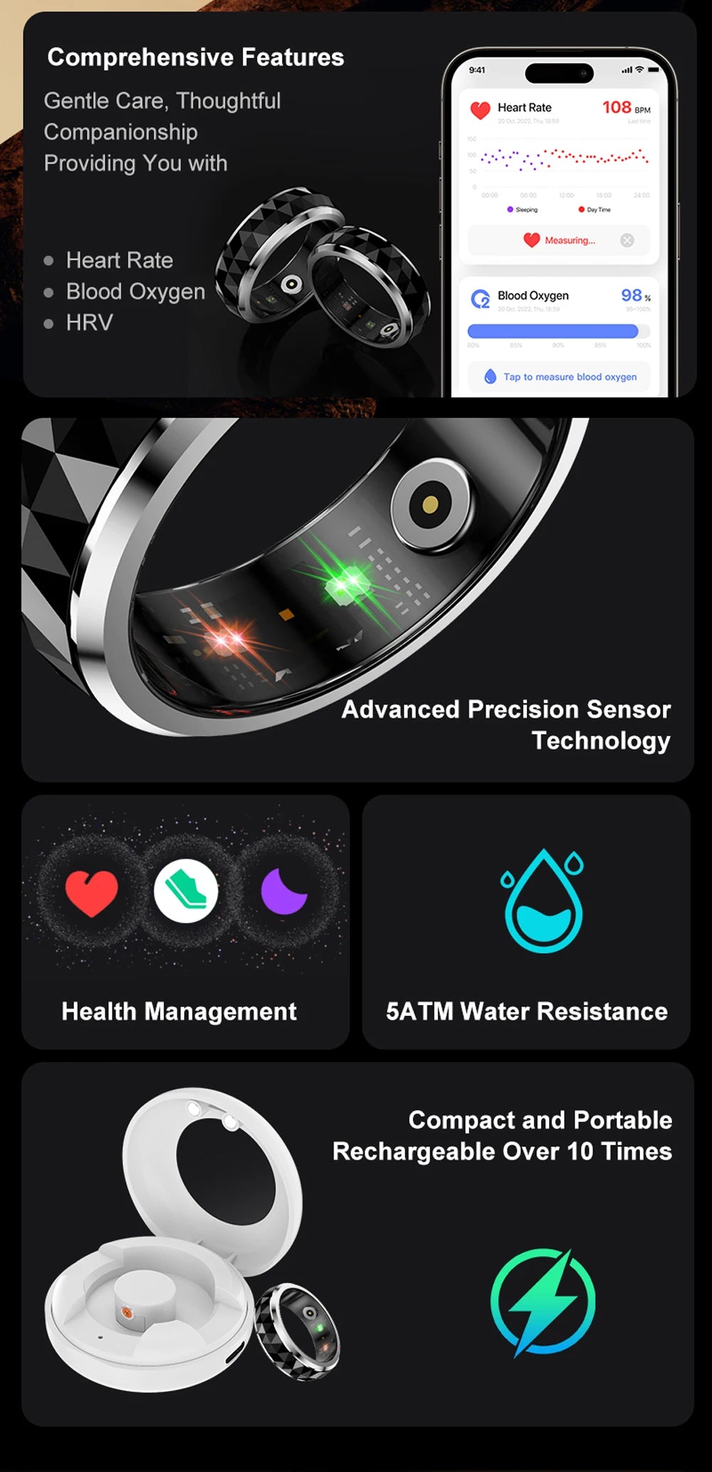 COLMI R11 Ceramic Smart Ring for Men, Fidget Spinner Anxiety Relieve Ring with Charging Case, Health Monitor, 5ATM Waterproof