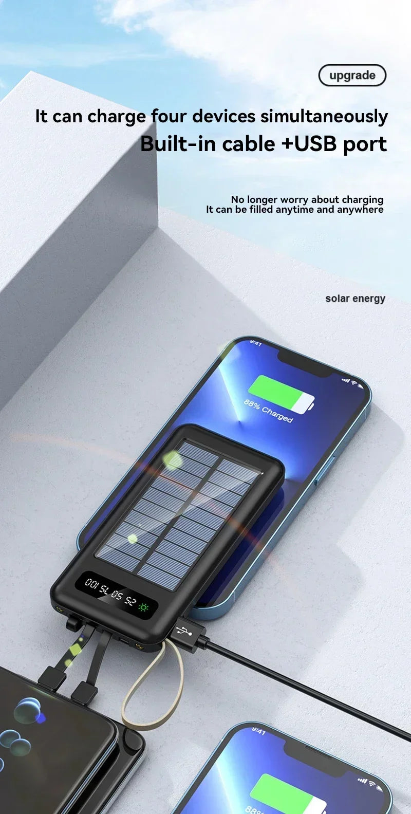 VIVO 200000mAh Solar Power Bank Large Capacity Mobile Power Fast Charging Battery Dual USB 4 Cables For iPhone Samsung Huawei
