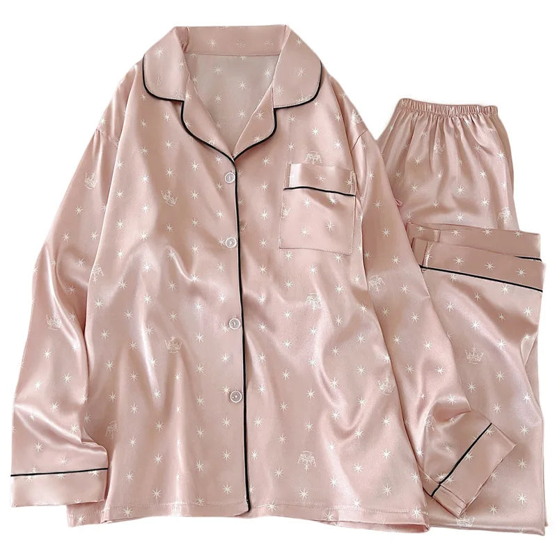 Japanese-Style Cute Girl Star Print Ice Silk Nightwear Women's Spring and Autumn Long-Sleeved Long Pants Homewear Actual Photo