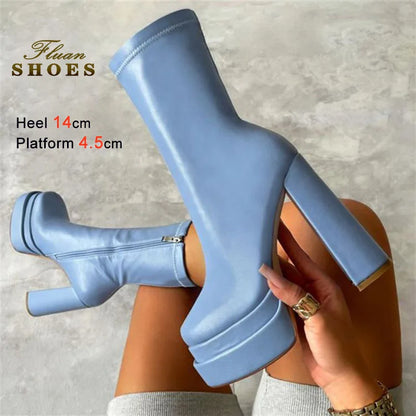 Foreign Trade Women's Shoes Fashion Super High Heels Platform Short Boots New Chunky Heel Mid-calf Boots Casual Ankle Boots CD