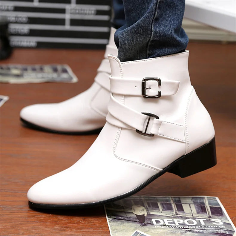 Leather Chelsea Boots Men Designer 2024 White Dress Boots Men Casual High top Buckle Strap Formal Shoes Men Motorcycle Boots