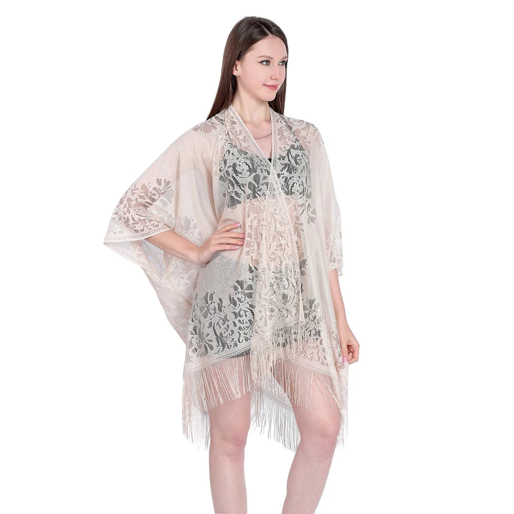 Women Sun Protection Shawl Lady Summer Hollow Out Lace Cardigan Holiday Bikini Blouse Breathable Beach Cape Sexy Long Tippet