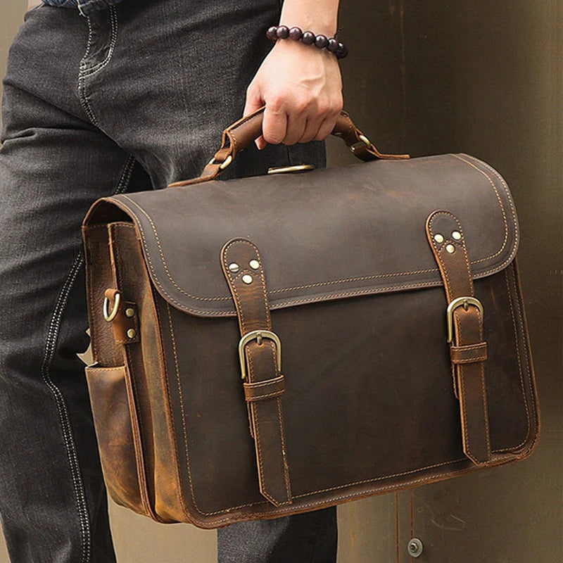 Vintage Crazy Horse Genuine Leather Men Briefcase Large Business Bag Tote Office Bag 15.6“Laptop Case Attache Male Shoulder Bag