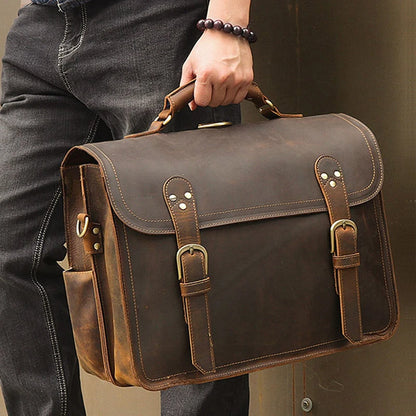 Vintage Crazy Horse Genuine Leather Men Briefcase Large Business Bag Tote Office Bag 15.6“Laptop Case Attache Male Shoulder Bag