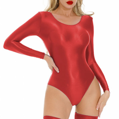 Women's Swimsuit One Piece Swimwear Oil Glossy Stretchy Gym Fitness Long Sleeve Round Neck Tights Leotard Bodysuit Clubwear
