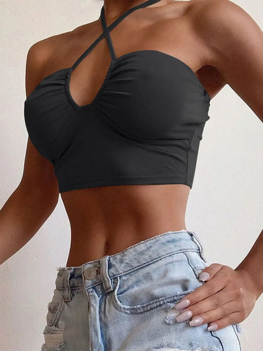 Sexy Solid Lace Up Bow Halter Ruched Crop Top Fashion Sleeveless Backless Tube Tops Female Streetwear Tops New Women