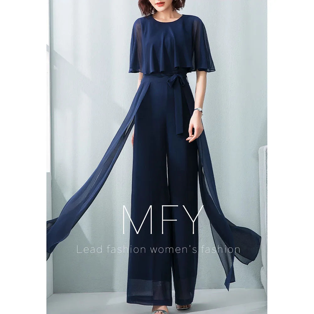 2024 New Summer Women Chiffon Jumpsuits Female Casual O Neck Sashes Overalls Ladies Wide -Leg Romper Solid Streetwear Playsuit