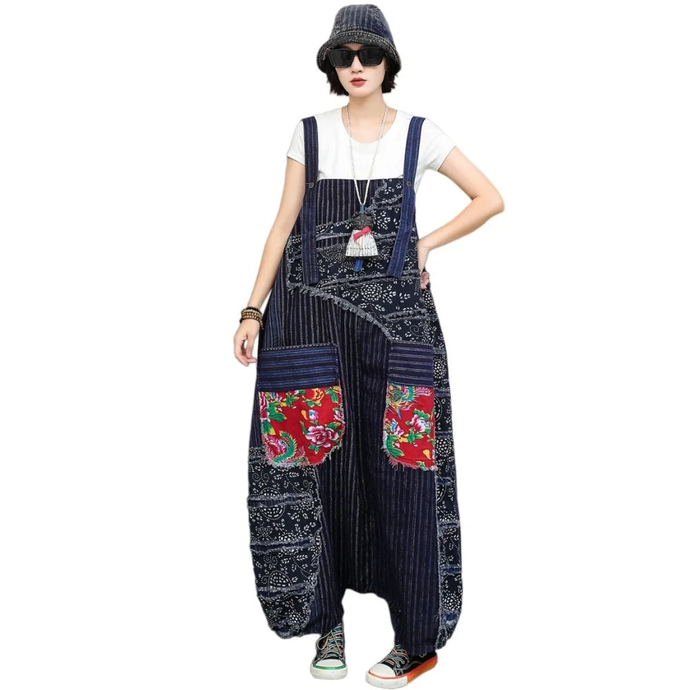 Unique Niche Women Cotton-linen Patchwork High-waist Overalls Large Pockets Sleeveless Jumpsuit LX6266