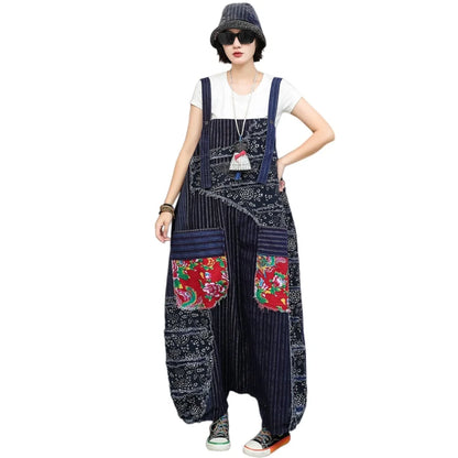 Unique Niche Women Cotton-linen Patchwork High-waist Overalls Large Pockets Sleeveless Jumpsuit LX6266