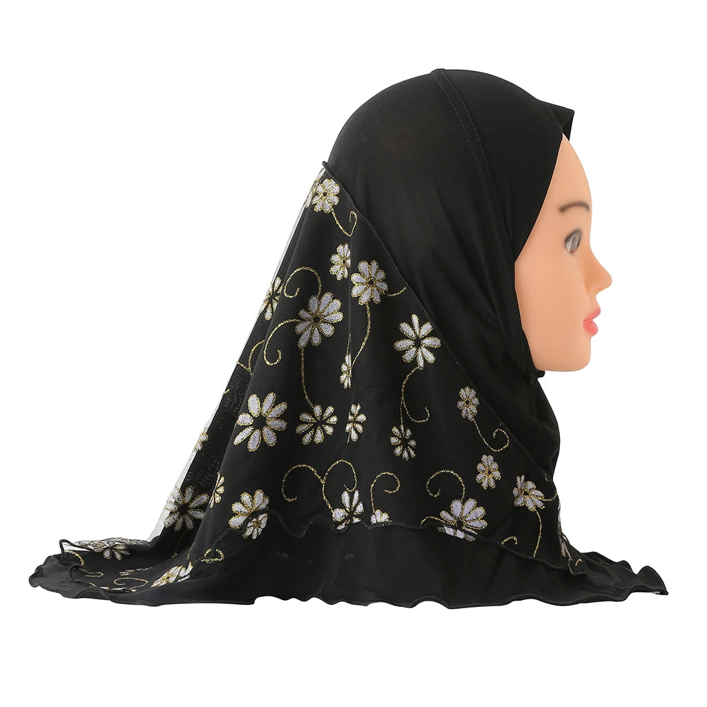 H043 beautiful small girl hijab with flower net cute hijab hats women's caps can fit 2-6 years old girls muslim baby headscarf