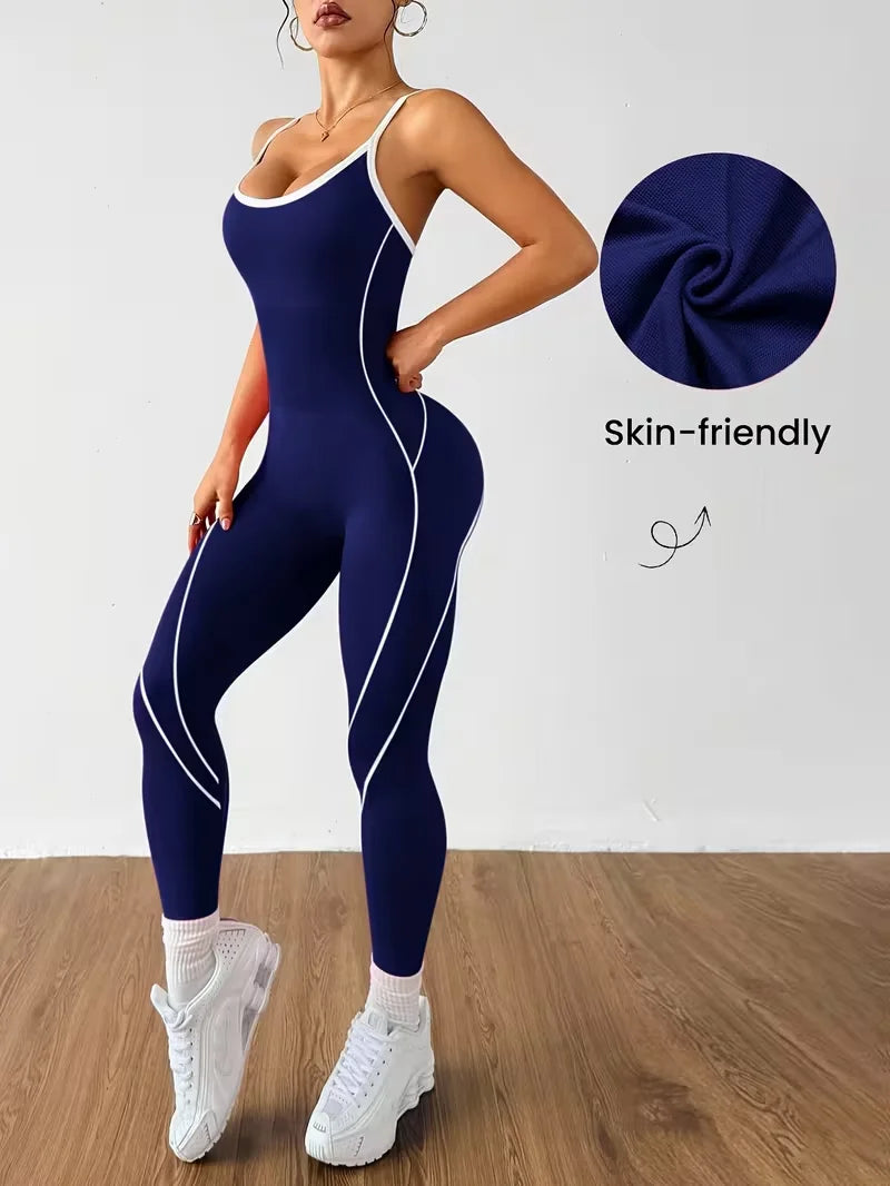 Women Spaghetti Strap Yoga Jumpsuit White Contrast Piping One Piece Fitness Bodysuit Tummy Control Gym Workout Pilates Tennis Sp