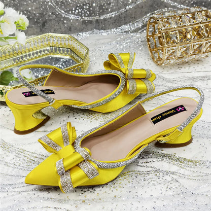 Med Heel Shoes for Women Hollowed Out Embroidery Rhinestone Italian Design Olive-green Color Pointed-Toe Shoes and Bags Set