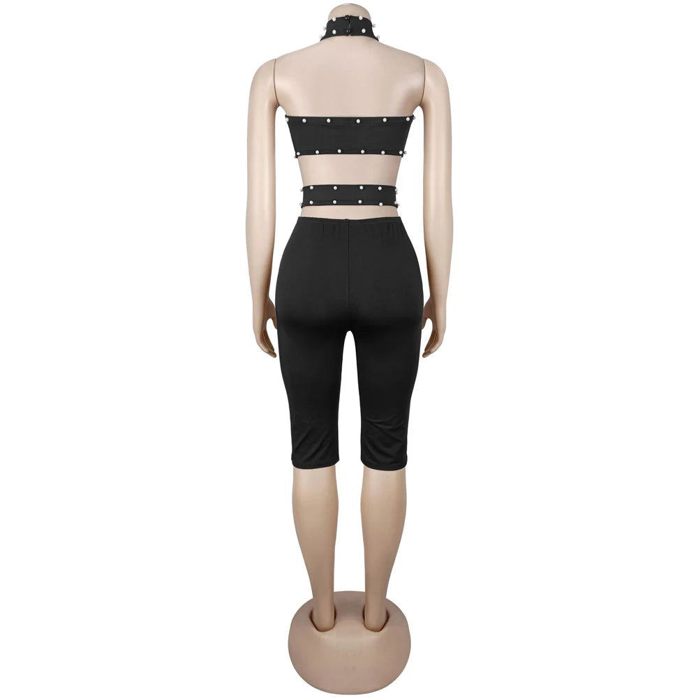 Beads Decorate Playsuits Women Hot Commodity Jumper One Piece Jumpsuit Sexy Halter Cutout Sleeveless Backless Skinny Rompers